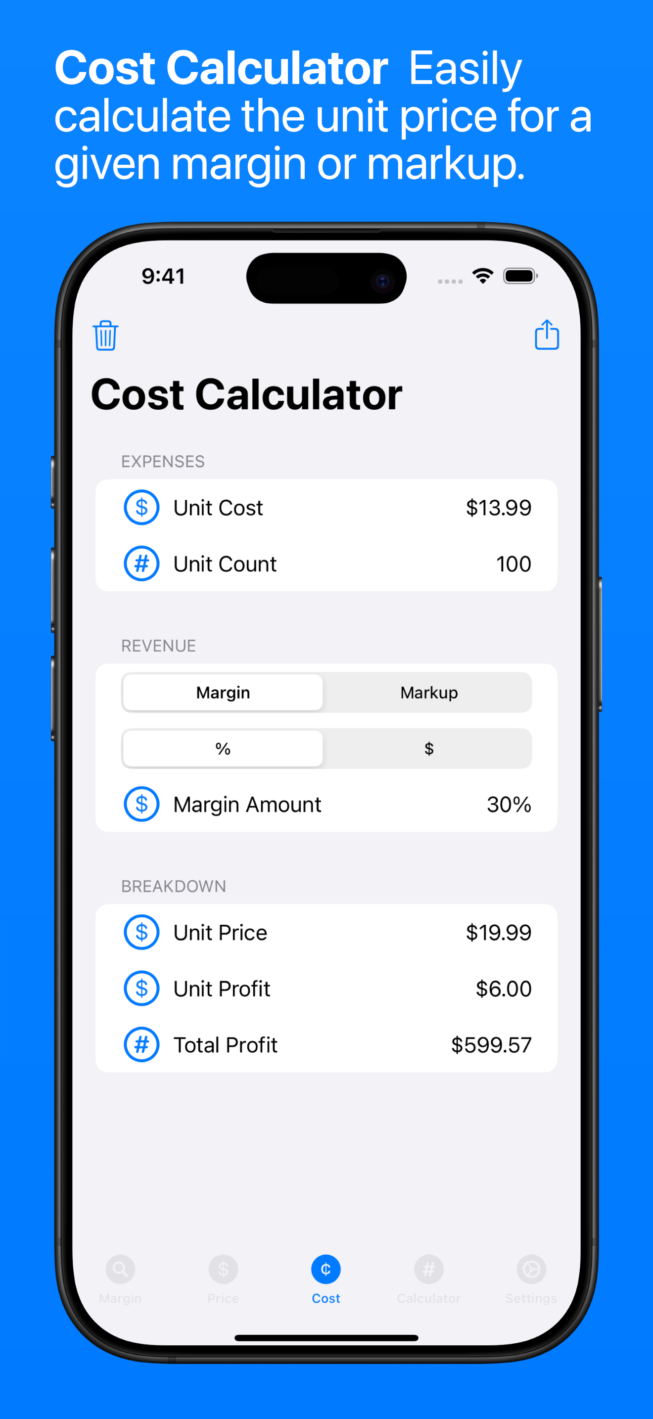 Cost Calculator on iPhone